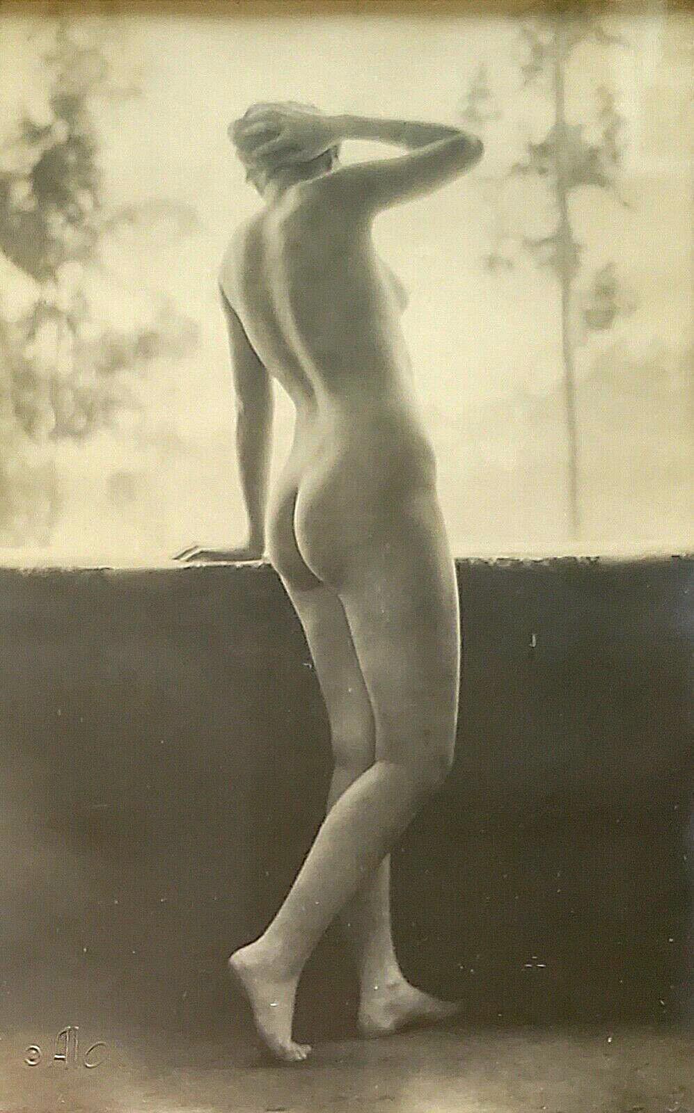 Albert Arthur Allen :: Coy Nymph, rear view, 1920s. Attributed to Albert Arthur Allen, Alo studios blind-stamped on lower left t. Seller's note: the item had been shot with & without flash through the glass of its original frame, the real tone is in between these above. | src eBay