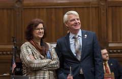State Rep. Cindy Harrison and Tim Ackert share a laugh during a short recess during a late November special session.