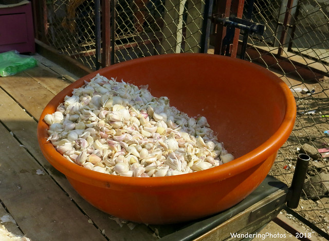 Garlic Cloves in an orange plastic bowl - Street Market - Siddhpur Gujarat India