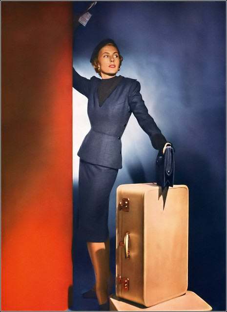 Model in a travel suit made for Neiman-Marcus by Traina-Norell, Vogue, October 15, 1946