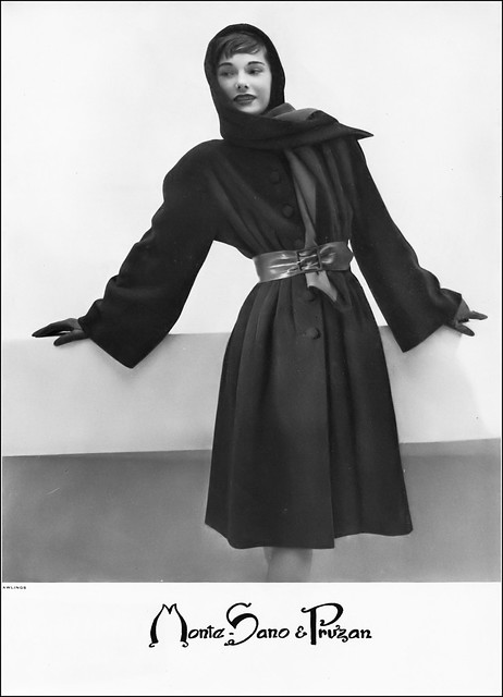 Marilyn Ambrose in wonderful Fall coat and scarf, cinched with wide leather belt by Monte Sano & Pruzan, photo by John Rawlings, Vogue, October 15, 1946
