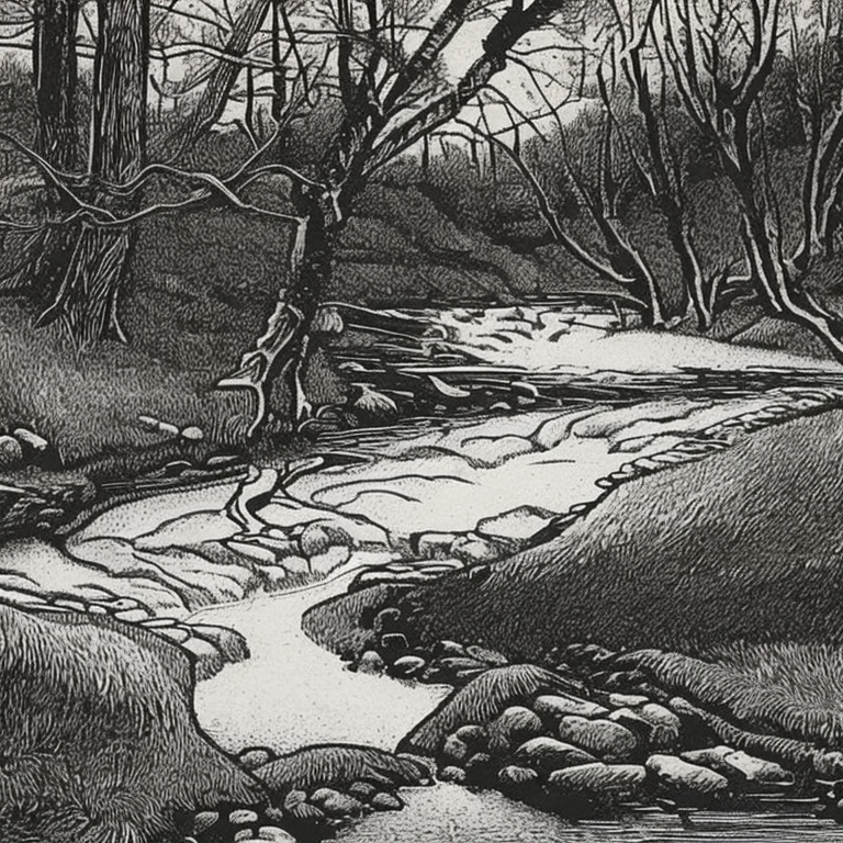 'an etching of a babbling brook' Stable Diffusion v2