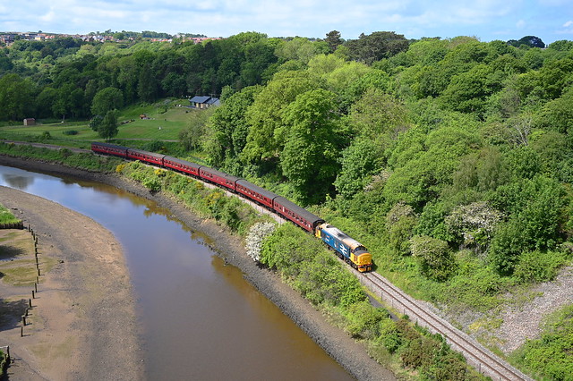 Loco 37403 approaches Whitby, with the 13.15 'Seaside Special' from Pickering and is seen here from the disused Larpool Railway Viaduct. 01 06 2022
