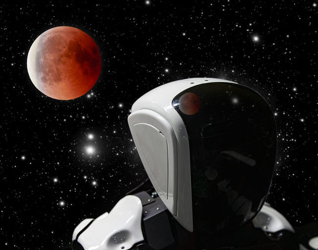 humanoid robot in space with a view of the moon