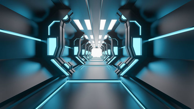 Sci-Fi grunge damaged metallic corridor background illuminated with neon lights 3d render - Illustration