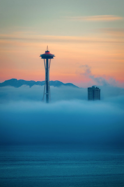 The Space Needle Shrouded in Fog During a Beautiful Sunrise