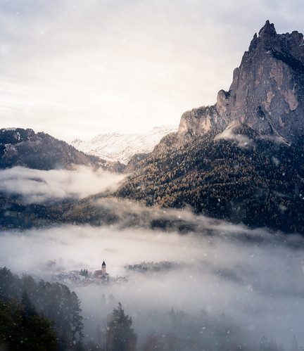 italy mountains alps church nature landscape rocks outdoor seis peaks dolomites southtyrol mountainscape schlern santner morning trees winter sunlight snow fog architecture forest sunrise dawn mood village scenic valley lowclouds atmospheric