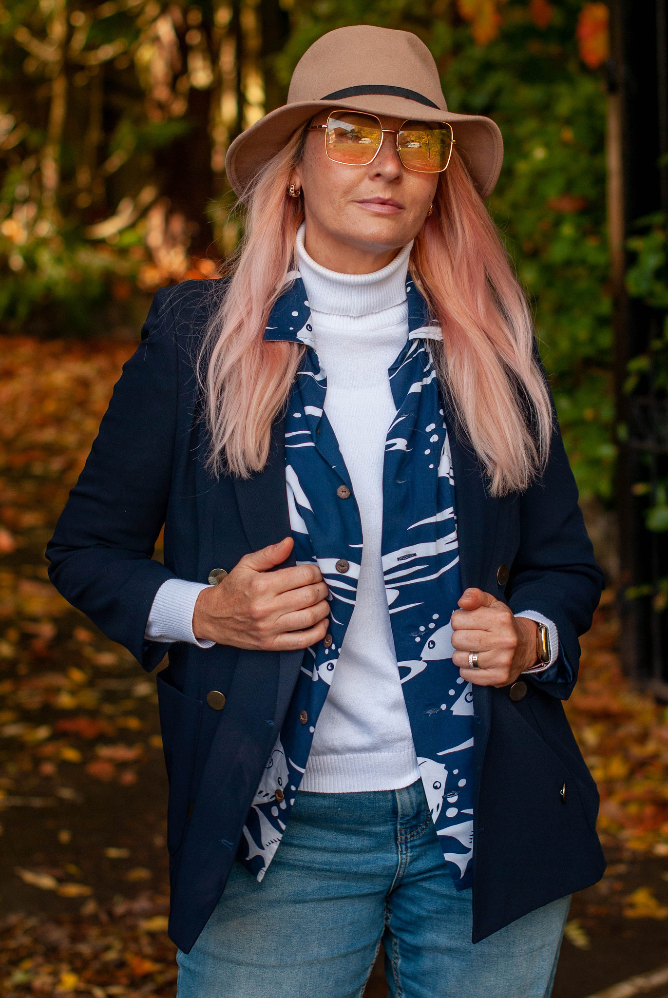 Borrowed From the Boys: Shirts For Him That You Can Wear | A Ralph Lauren patterned shirt with white roll neck, boyfriend jeans and navy blazer (over 50 fashion from Catherine Summers AKA Not Dressed As Lamb)
