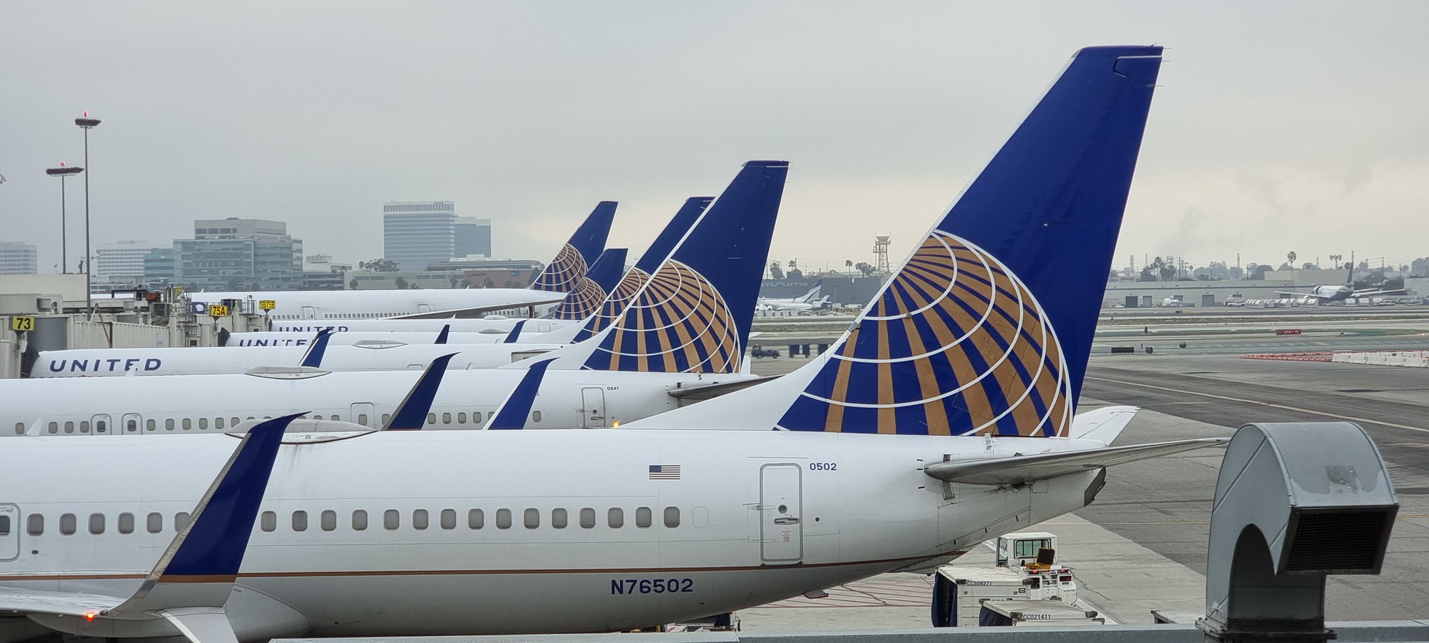 United aircraft lined up at gates at T7 at LAX