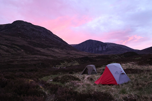 Wildcamp In Glen Derry by Russell-Davies, Red skies over Beinn Mheadhoin during a wild camp in Glen Derry.sunset camp wildcamp beinnmheadhoin