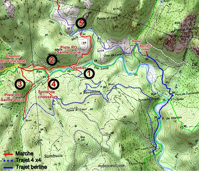 Carte de la Sainte-Lucie et de la Figa Bona dans la Haut-Cavu avec les différents accès au pont de Figa (IGN300) et aux chemins Carciara/Paliri (à jour 2022)