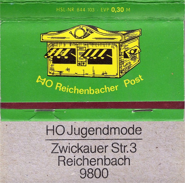 HO Jugendmode, Reichenbacher Post, 9800 Reichenbach (Vogtl./Sachsen) Streichholzbrief, DDR Werbung.