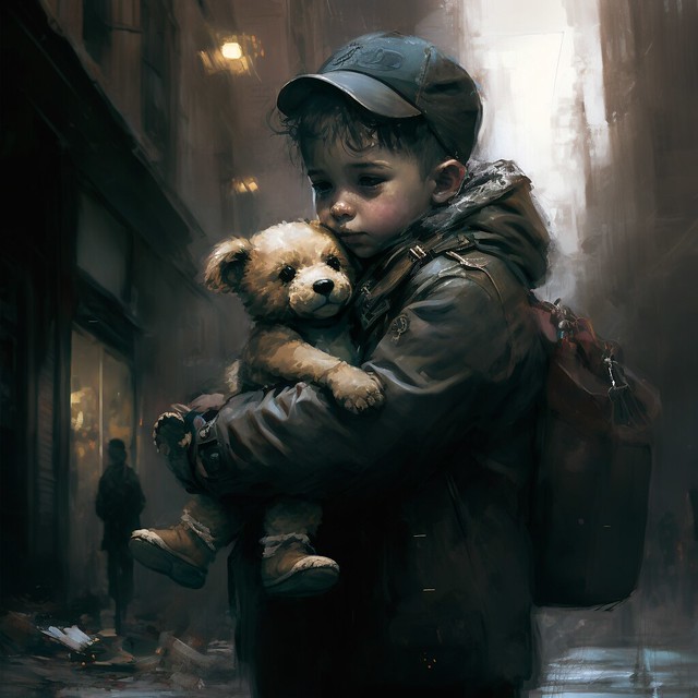 Sad boy with teddy bear in a sad city