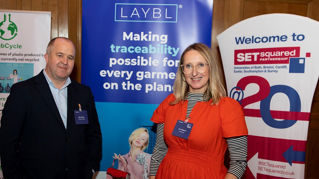 Ben Woods, left, at the SETsquared @20 Investor Showcase with Jen Wagner, right, CEO of LAYBL, supported by SETsquared Bath.