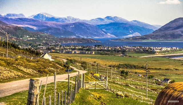Looking south-east from Morefield back towards Ullapool, Loch Broom, Seana Braigh, 926m. and Beinn Dearg, 1,084m. Wester Ross, Scotland.