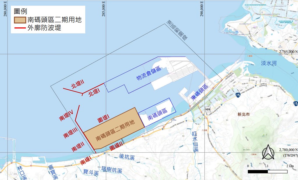 台灣港務公司預計在台北港南碼頭區西南側填海造陸320公頃為「南碼頭二期」，將引進離岸風電產業，並收受北部工程剩餘土石方。圖片來源：擷取自環評書件