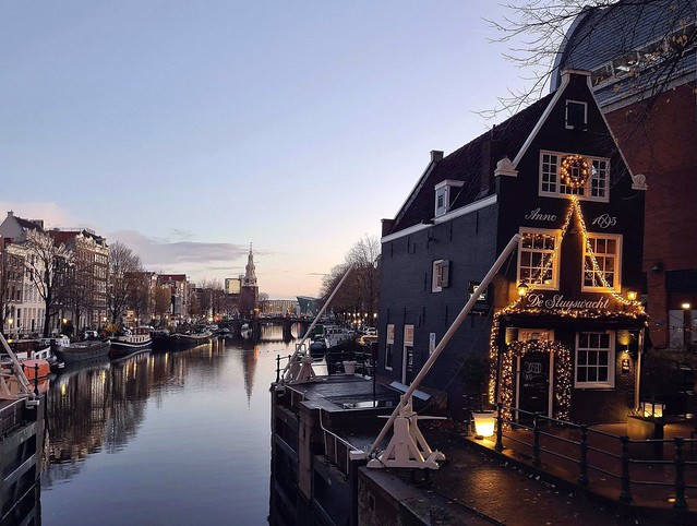 Early Morning in December. De Sluyswacht and Oudeschans, Amsterdam, The Netherlands