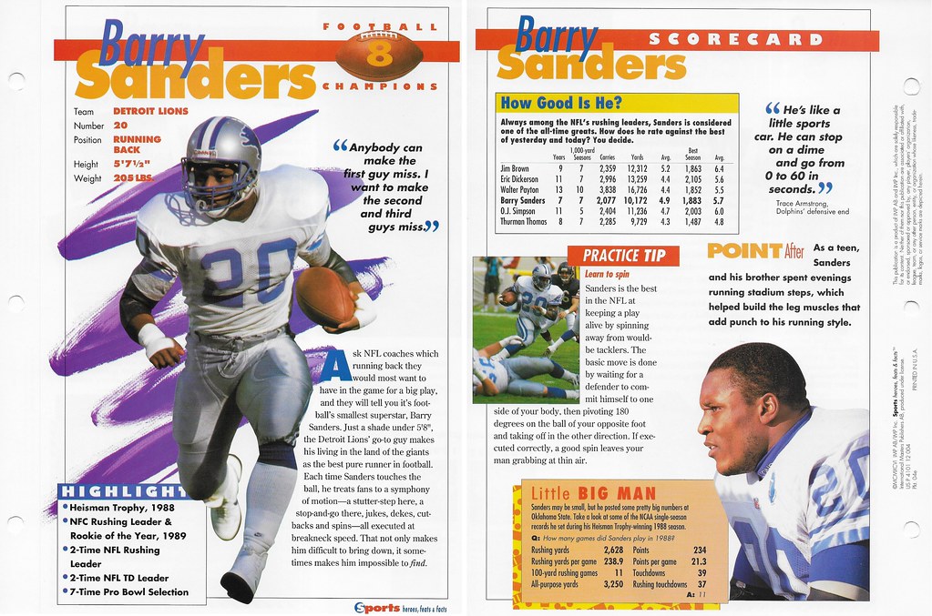 1996 Sports Heroes Feats & Facts - Football Champions - Sanders, Barry 04e