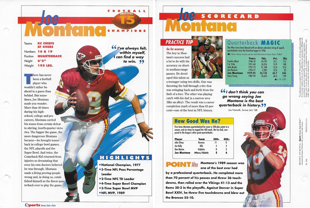 1995 Sports Heroes Feats & Facts - Football Champions - Montana, Joe 06b