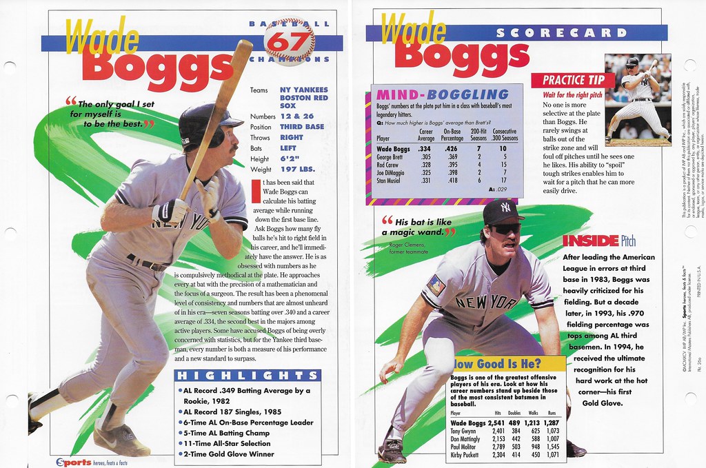 1995 Sports Heroes Feats & Facts - Baseball Champion - Boggs, Wade 26a