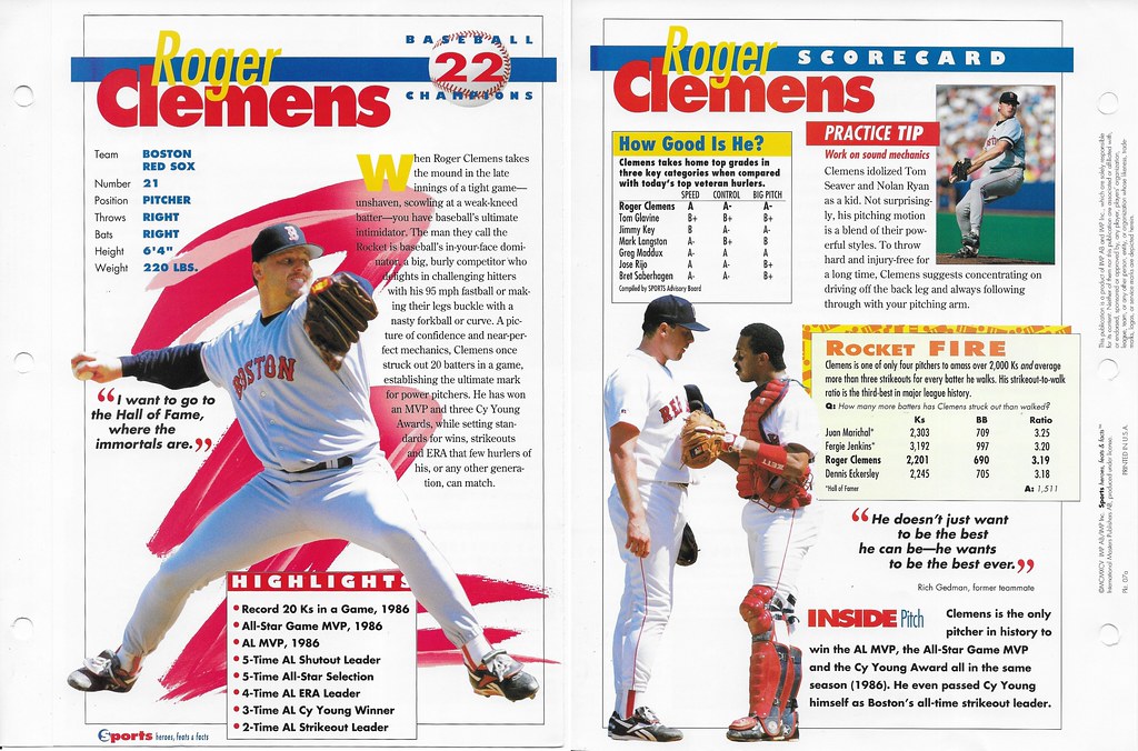 1995 Sports Heroes Feats & Facts - Baseball Champion - Clemens, Roger 07a