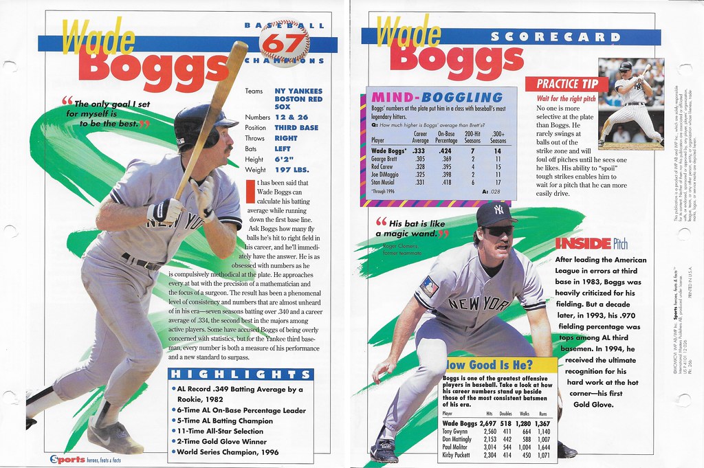 1996 Sports Heroes Feats & Facts - Baseball Champion - Boggs, Wade 26b