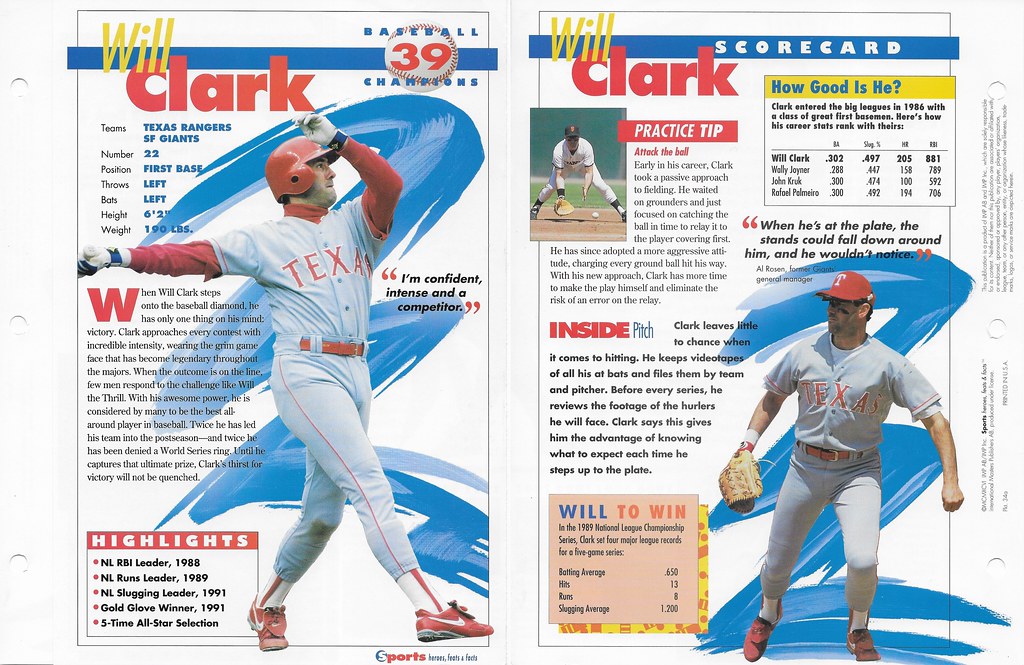 1996 Sports Heroes Feats & Facts - Baseball Champion - Clark, Will 34a