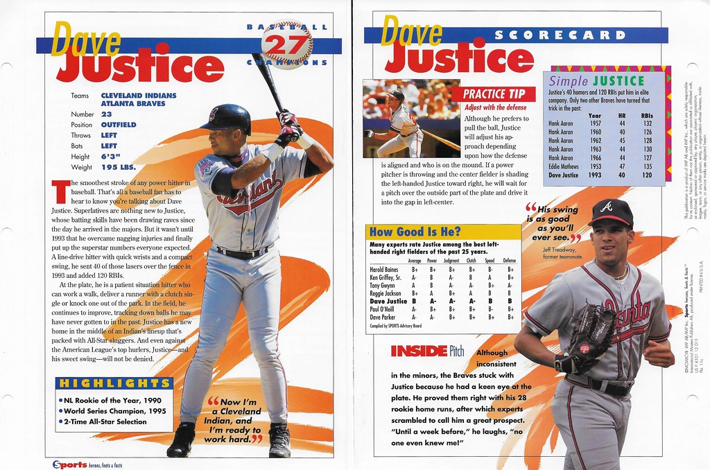1997 Sports Heroes Feats & Facts - Baseball Champion - Justice, Dave 11c
