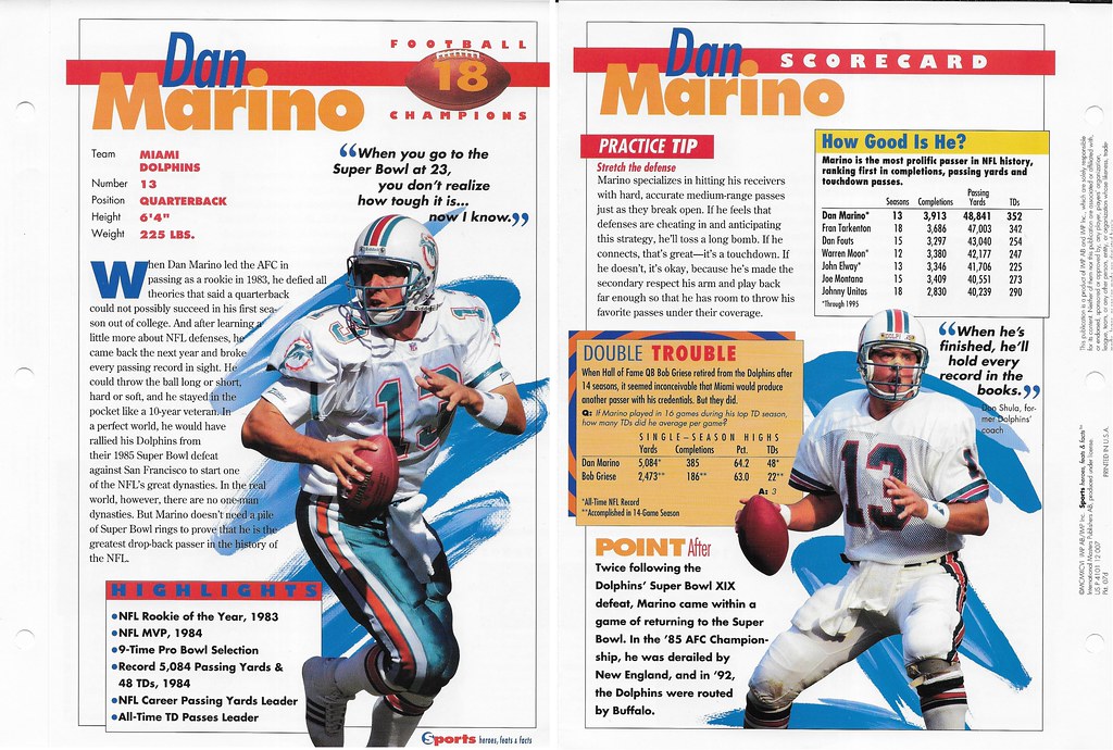 1996 Sports Heroes Feats & Facts - Football Champions - Marino, Dan 07d