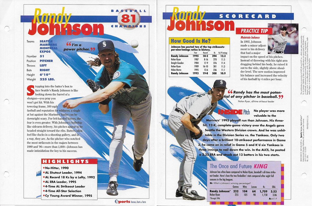 1996 Sports Heroes Feats & Facts - Baseball Champion - Johnson, Randy 39b