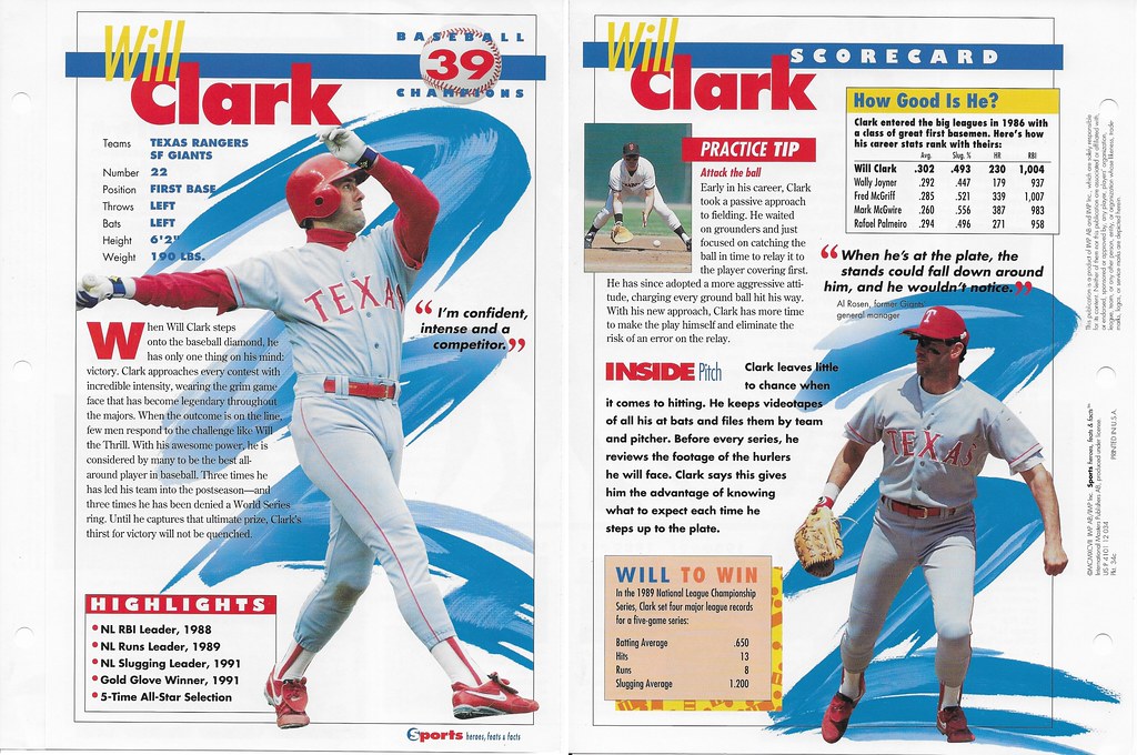 1997 Sports Heroes Feats & Facts - Baseball Champion - Clark, Will 34c