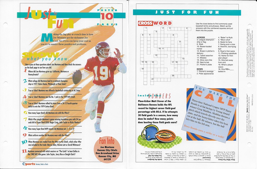 1996 Sports Heroes Feats & Facts - Poster Pages -Montana, Joe 01e