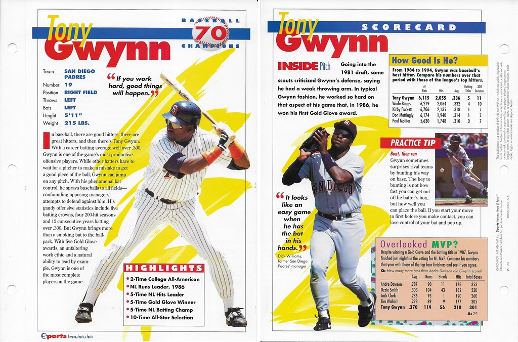 1995 Sports Heroes Feats & Facts - Baseball Champion - Gwynn, Tony 30