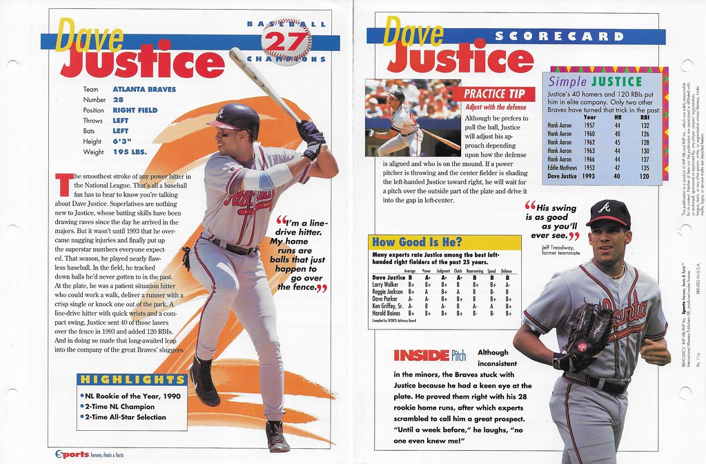 1995 Sports Heroes Feats & Facts - Baseball Champion - Justice, Dave 11a