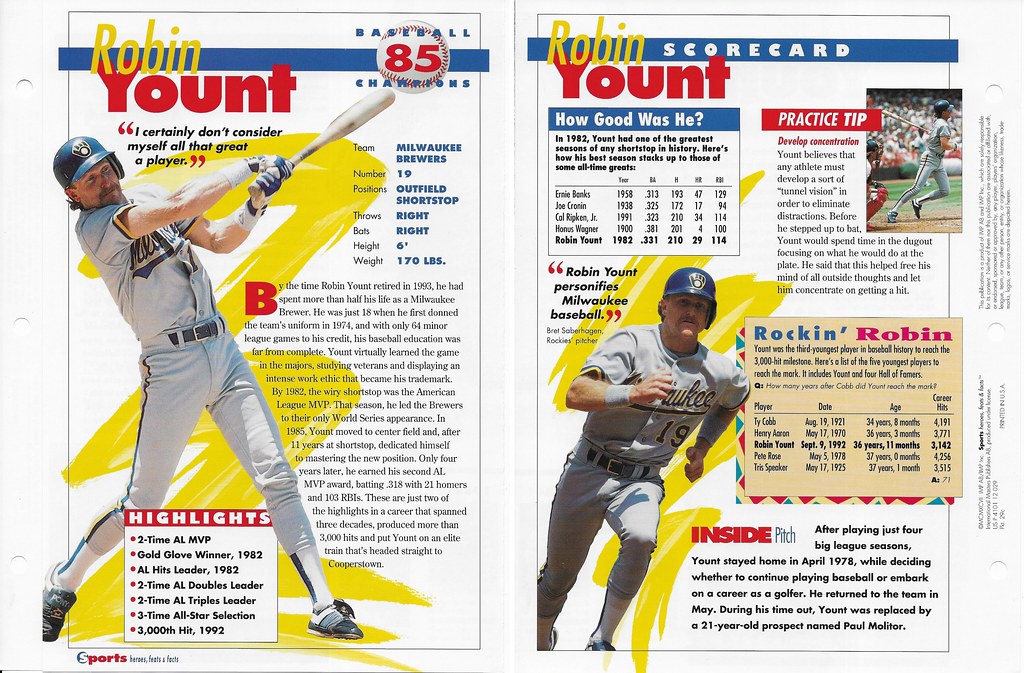 1997 Sports Heroes Feats & Facts - Baseball Champion - Yount, Robin 29c