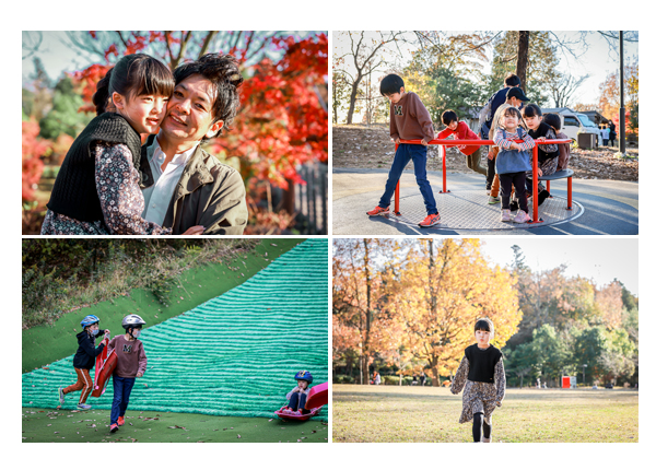 紅葉の美しい公園でファミリーフォトのロケーション撮影