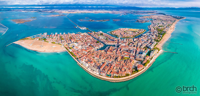 Town of Grado archipelago aerial panoramic view