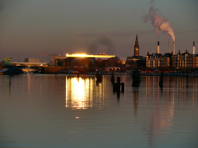 Midwinter sunset reflected on Copenhagen harbour 8th December 2022