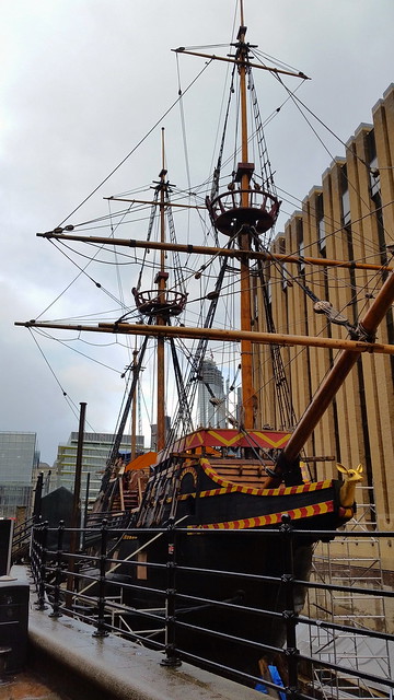 The Golden Hinde replica, berthed at St Mary Overie Dock, in Bankside, Southwark, London. 17 03 2019