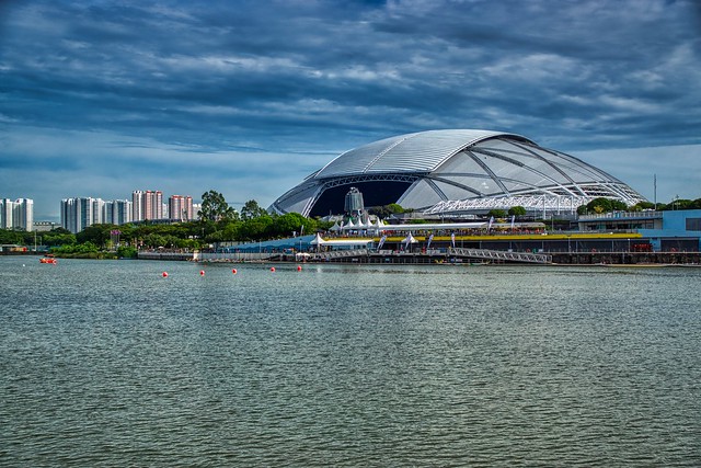 Kallang river basin and National Stadium in Singapore