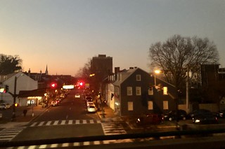 Caroline Street at sunset, view from Amtrak train, Fredericksburg, Virginia