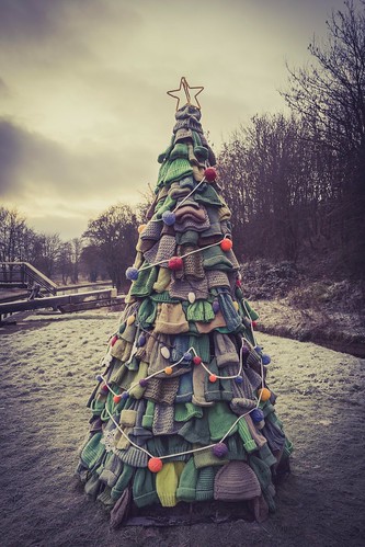 A Christmas tree made from woolly hats