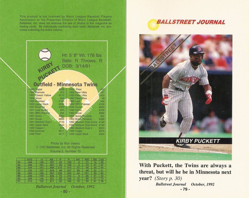 1992 Ballstreet Magazine Insert Oversize - Puckett, Kirby (Vol 2 No.10)