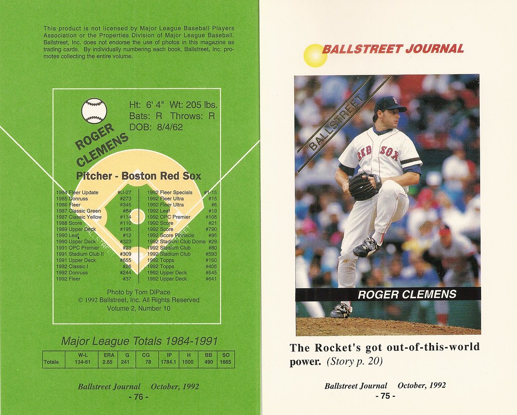 1992 Ballstreet Magazine Insert Oversize - Clemens, Roger (Vol 2 No.10)