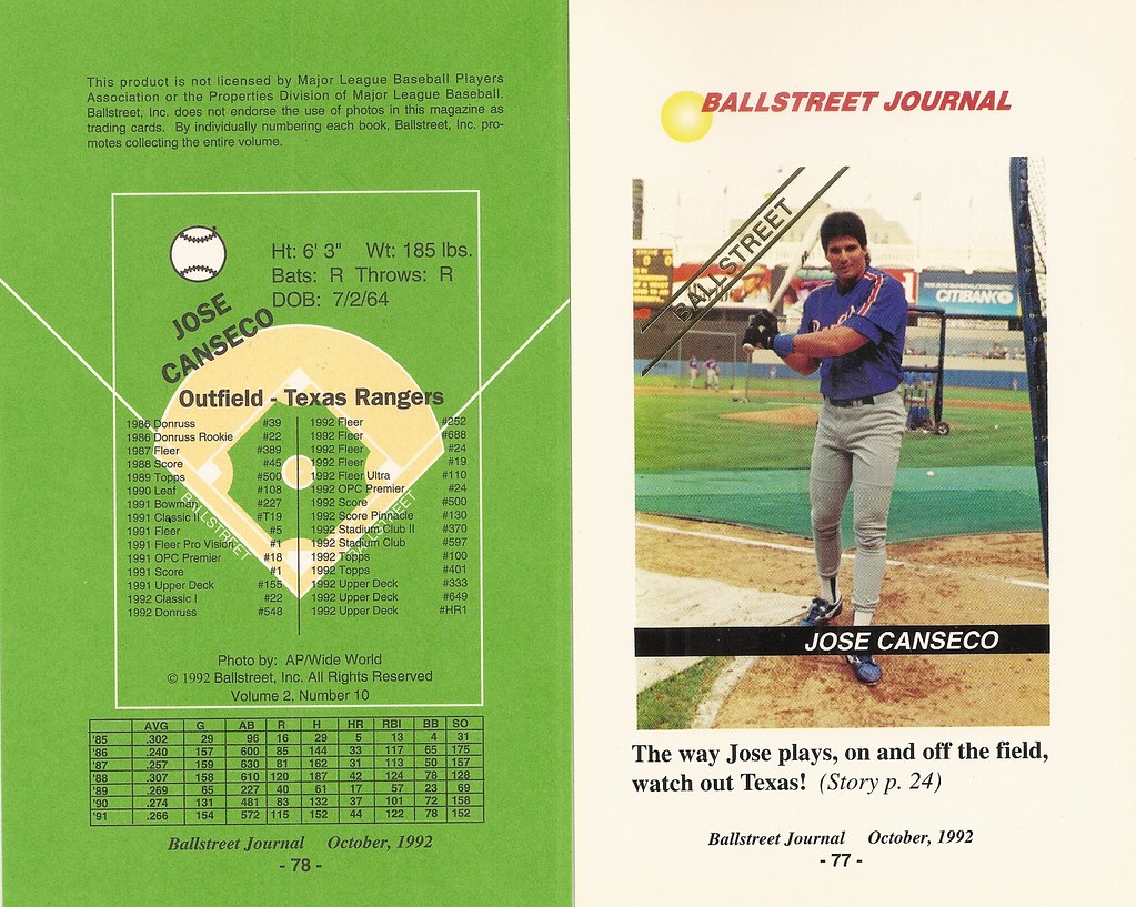 1992 Ballstreet Magazine Insert Oversize - Canseco, Jose (Vol 2 No.10)