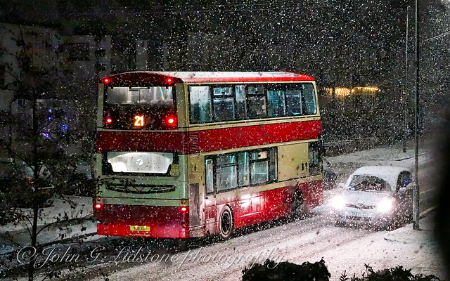 Battling the first snowstorm of the winter, First Essex (Hadleigh) heritage Westcliff livery Volvo B9TL 37985, BJ11 XGY on a rare working on service 21