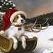 DALL·E 2022-12-12 10.52.14 - redbrown and white long-haired jack russell terrier in a red santa stocking hat in the background santa's sleigh by Maxfield Parrish