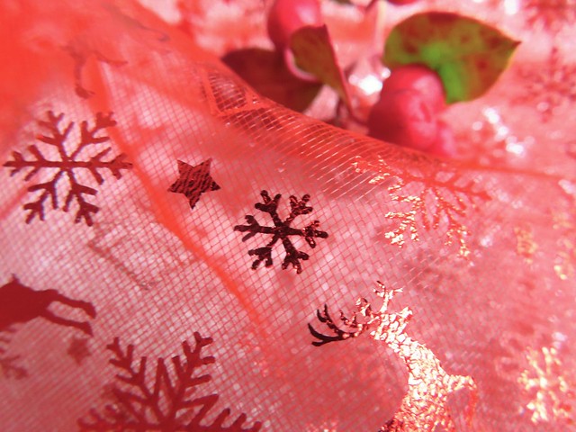 Detail eines roten Organza-Geschenksäckchens