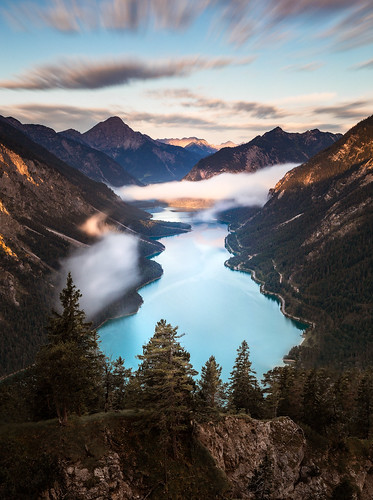 austria plansee clouds hiking lake landscape mountains mountainscape view trees cyan water colors longexposure fjord sunrise sunlight sky nature morning dawn alps alpinelake