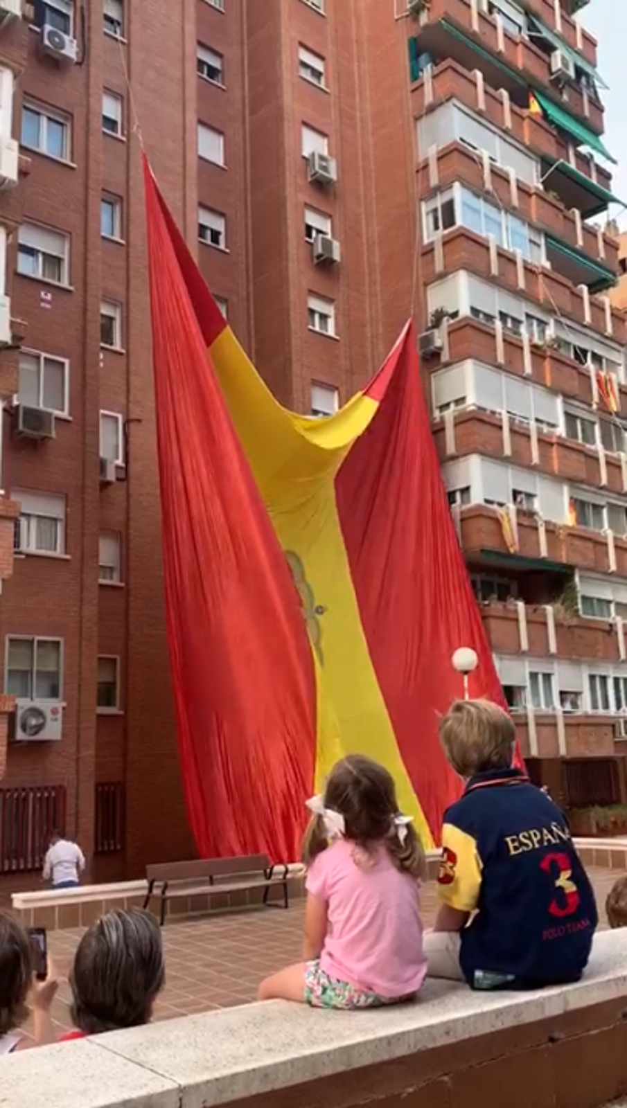 FOTOGRAFÍA. ESPAÑA, 30.05.2020. Día de las Fuerzas Armadas. Un grupo de vecinos celebra el Día de las Fuerzas Armadas izando una gigante bandera. Ñ Pueblo (11)
